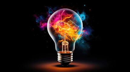 Wall Mural - lightbulb idea concept with colorful liquidof splashing unique creative idea on black background, ge