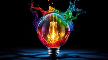 Wall Mural - lightbulb idea concept with colorful liquidof splashing unique creative idea on black background, ge