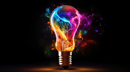 Wall Mural - lightbulb idea concept with colorful liquidof splashing unique creative idea on black background, ge