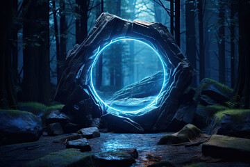 Wall Mural - Abstract portal stone gate with neon circle glowing light in the dark wood forest space landscape of cosmic, rocky mountain stone field, spectrum light effect, with Generative Ai.