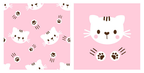 Poster - Seamless pattern with paw prints and cat kitten cartoons on pink background vector illustration. Cute childish print.