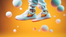 Flying Trendy Sneakers On Creative Colorful Background, Stylish Fashionable Minimalism