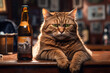 Sad anthropomorphic cat at a bar counter with a bottle of beer, symbolizing a post-work exhaustion
