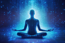A Man Silhouette In Meditation Pose Filled And Surrounded With Binary Code, Representing The Fusion Of Human Consciousness And Digital Data. Generative AI Illustration