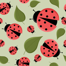 Cute Ladybug And Leaves Seamless Pattern. Pretty Isolated Color Ladybird Vector Endless Background. Nature Cartoon Or Flat Illustration With Red Dotted Beetle. Summer Spotted Bug For Wrapping Paper.