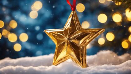 Wall Mural - Gold christmas star with snow and copy space