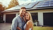 © Nico Vincentini - A happy couple stands grinning in the driveway of a spacious home equipped with solar panels, against a modern background. Real estate new home concept.Generative AI