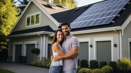 Wall Mural - A happy couple stands grinning in the driveway of a spacious home equipped with solar panels, against a modern background. Real estate new home concept.

Generative AI