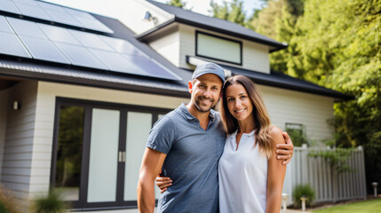 Wall Mural - A happy couple stands grinning in the driveway of a spacious home equipped with solar panels, against a modern background. Real estate new home concept.

Generative AI