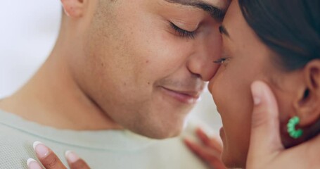 Sticker - Face, love and couple dance in a home together as celebration of romance and excited for bonding. Happiness, man and woman hug in living room and enjoy music in a lounge being playful or carefree