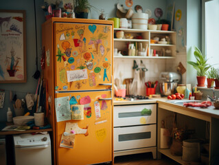 Modern refrigerator with child's drawing, notes and magnets in kitchen