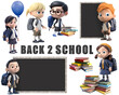 back to school, cute childeren in school uniform with books, balloon and blackboard, isolated on white background - post-processed generative AI