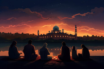 Wall Mural - Illustration of the atmosphere of Ramadan nights, with a mosque, families and individuals