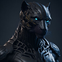 Wall Mural - Anthropomorphic Black leopard cyborg in armor. Digital illustration.