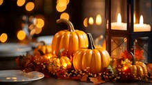 Autumn Table Setting With Pumpkins And Candles. Fall Home Decoration. Generative AI