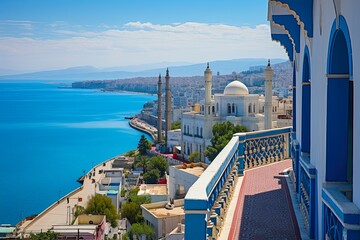 Wall Mural - Algiers Waterfront. View of Historic Architecture and Blue Coastal Landscape from Admiralty Tower with Lighthouse in Algeria