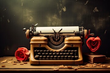 love is typewriter inscription on vintage paper background with wooden texture. perfect for weddings