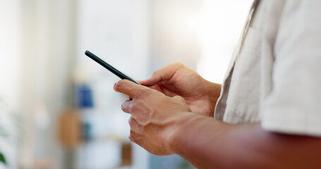 Fototapete - Closeup, man and hands with smartphone, typing and connection for social media, texting and email. Zoom, hand and cellphone for texting, signal and online reading for information and communication