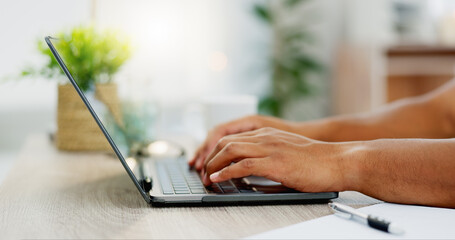 Aufkleber - Typing, search and laptop with hands of man in home office for freelancer, remote work and email. Technology, internet and keyboard with male browsing online for communication, information and report