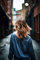 Poster - shot of a beautiful young woman walking away from the camera in an urban setting