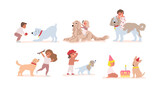 Fototapeta Pokój dzieciecy - Cute set of scenes of children with dogs. Child and a dog. Boy plays with dog. Girl plays with dog. Vector illustration
