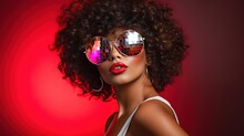 Stylish Lady At A Party In A Nightclub In Shiny Retro Disco Ball Glasses With Curly Hair Isolated On Hot Pink Color Background. AI Design