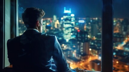 Wall Mural - Back view of businessman stand look at the city view at night
