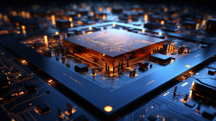 High-end computer circuitry. Show digital connections and network lines intertwined with processors and motherboard components