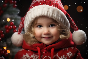 Wall Mural - Christmas portrait, cute funny smiling baby caucasian girl in a red festive hat looking at camera