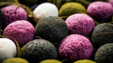  A vibrant picture of rice balls with diverse fillings, wrapped in seaweed, spread around on a bamboo mat in daylight