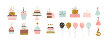 Happy Birthday Party Elements Collection. Cakes, Balloons, Gifts And Party Hats. Festive Set In Simple Style, Vector Illustration