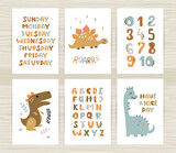 Fototapeta Dinusie - Set of posters with cute dinosaurs, numbers and alphabet dinosaurs