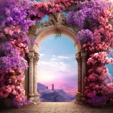 A Archway With Flowers And Stone Walkway