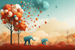 Illustration mit zwei Elefanten in einer abstrakten Landschaft aus Bäumen mit Luftballons in Orange und Pfirsich. 