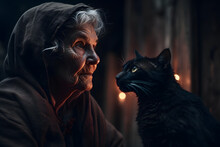 An Old And Ugly Witch And Her Trusty Old Black Cat, Wandering Outside At Night. Halloween Theme, Cinematic Lighting. Generative AI