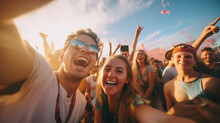 Group Of Friends Taking Selfie Shot At Music Festival, Generative AI Illustration