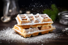 Waffles With Powdered Sugar, Crisp Waffles Dusted With Sweet Snow
