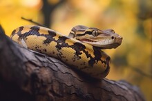 A Yellow And Black Snake On A Log