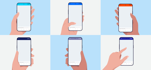 Aufkleber - Mobile phone in hand mockups - Vector templates of various smartphones with blank screen in use by diverse set of human hands. Front view flat design