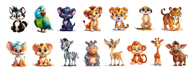 set of cartoon characters of baby animals. set of baby animal icons isolated on white background. ca