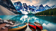 Canoes On A Jetty At Moraine Lake, Banff National Park In The Rocky Mountains, Alberta, Canada