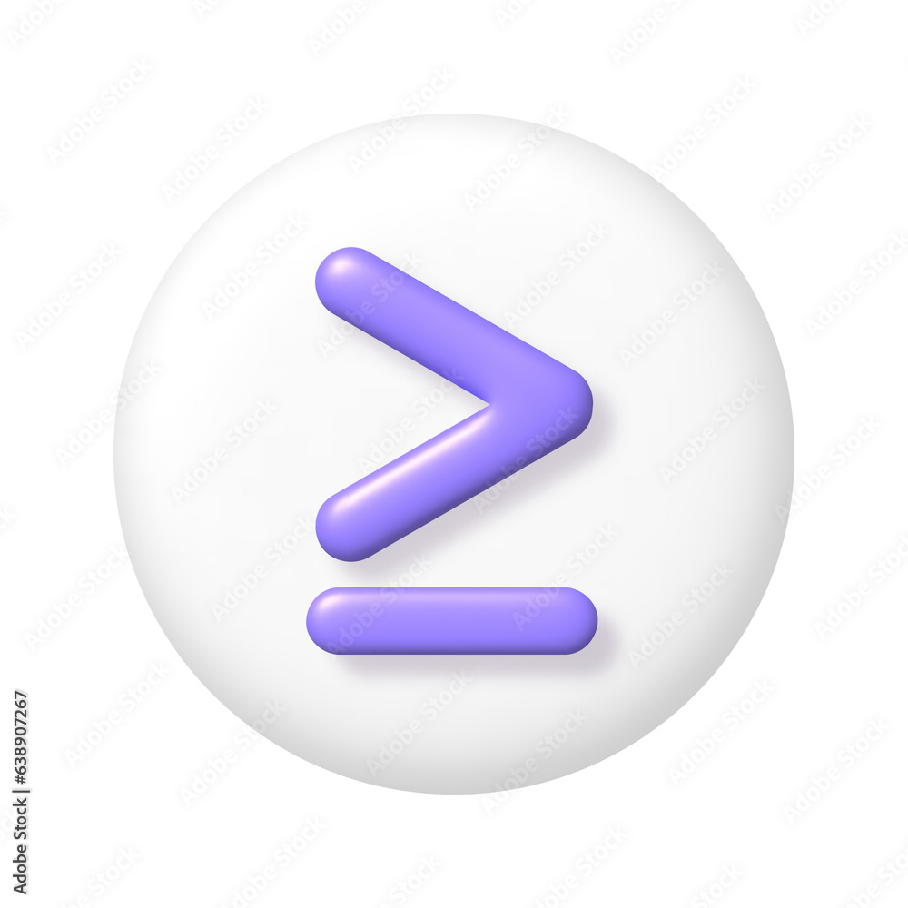 Math 3D icon. Purple arithmetic greater than or equal sign on white round button. 3d png realistic design element.