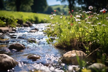 Wall Mural - Beautiful Garden with an Amazing Flux of Water near some Rocks. Reflections of the Sun on the Water.