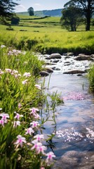 Wall Mural - Beautiful Garden with an Amazing Flux of Water near some Rocks. Reflections of the Sun on the Water.