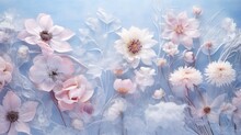 Delicate Pastel Pink Blossoms, Encased In A Frozen Embrace. These Fragile Flowers Showcase The Beauty Of Nature's Intricate Artistry, Their Petals Frozen In Time Within A Gentle Ice Veil.