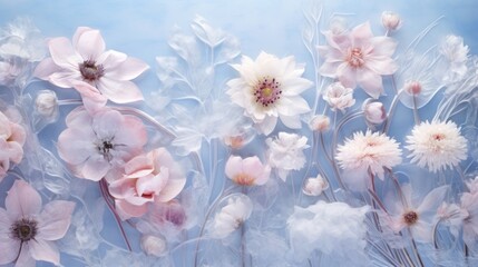 Delicate pastel pink blossoms, encased in a frozen embrace. These fragile flowers showcase the beauty of nature's intricate artistry, their petals frozen in time within a gentle ice veil.