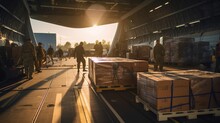 Supply Of Weapons. Unloading Boxes Of Ammunition At A Military Airport. Ai Design