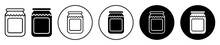 Jam Glass Icon Set. Simple Homemade Pickle Jar Vector Symbol In Black Filled And Outlined Style.