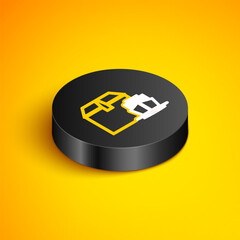 Sticker - Isometric line Cargo ship with boxes delivery service icon isolated on yellow background. Delivery, transportation. Freighter with parcels, boxes, goods. Black circle button. Vector