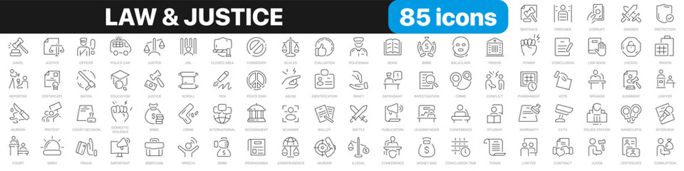 Aufkleber - Law and justice line icons collection. Police, court, legal, crime icons. UI icon set. Thin outline icons pack. Vector illustration EPS10